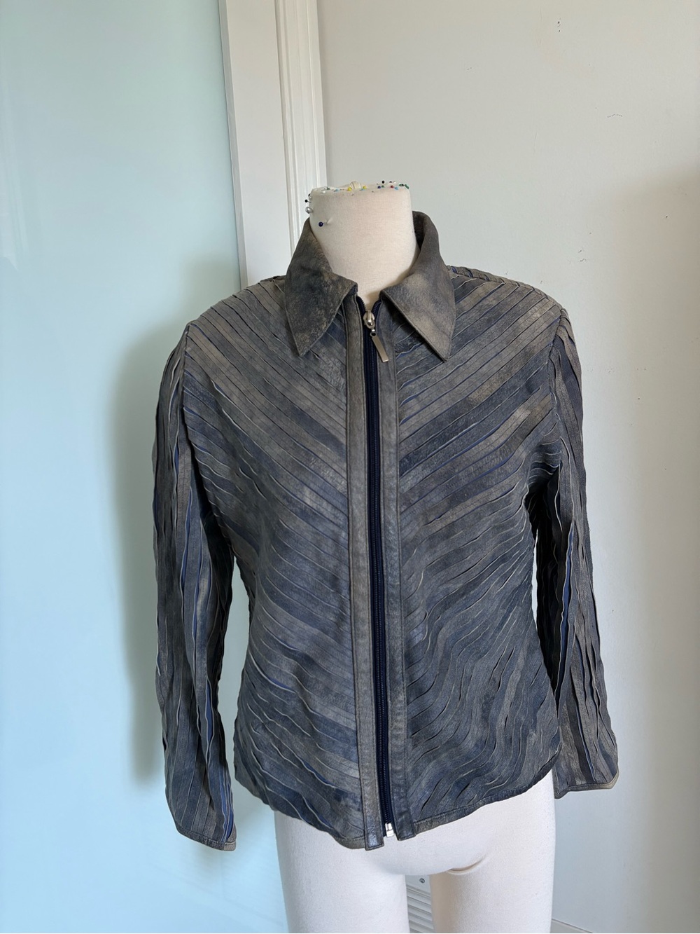 Vintage Textured Leather Zip-Front Jacket